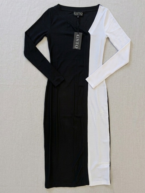 Gstq Dresses & Skirts - GSTQ Black and White Colorblock Rib Knit Midi Dress V Neck Long Sleeve Small NWT